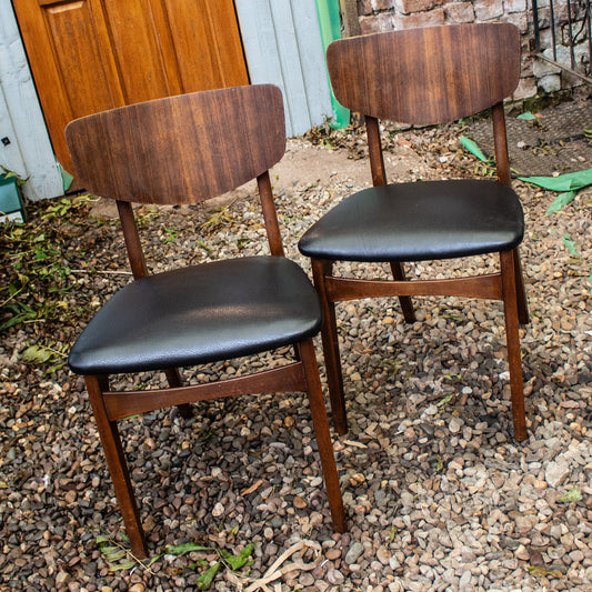 Antique Vintage Pair Of 70s Faux Leather & Teak Wooden Chairs Dining Chairs Mid Century