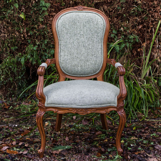 Vintage Louis XV French Style Open Armchair Carved Wood Yorkshire Tweed Fabric