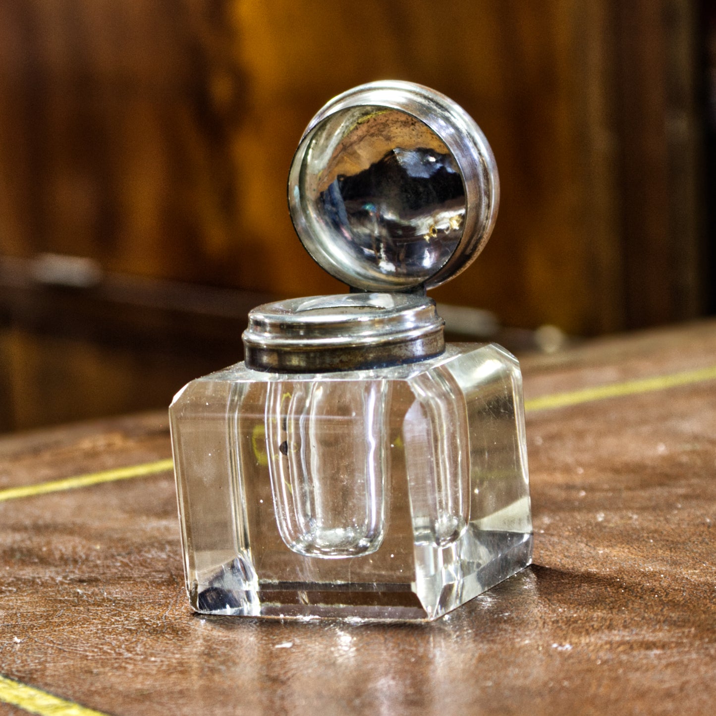 Antique Vintage Square Cut Glass Inkwell With Silver Top