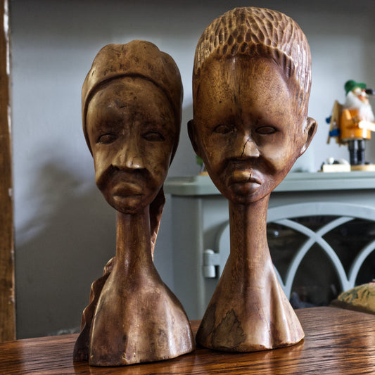 Vintage Mid-Century Wooden Hand Carved African Head Busts