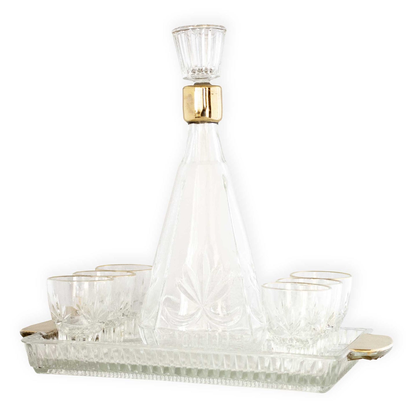 Vintage Mid Century Gold Accent Glass Decanter & 6 Glasses