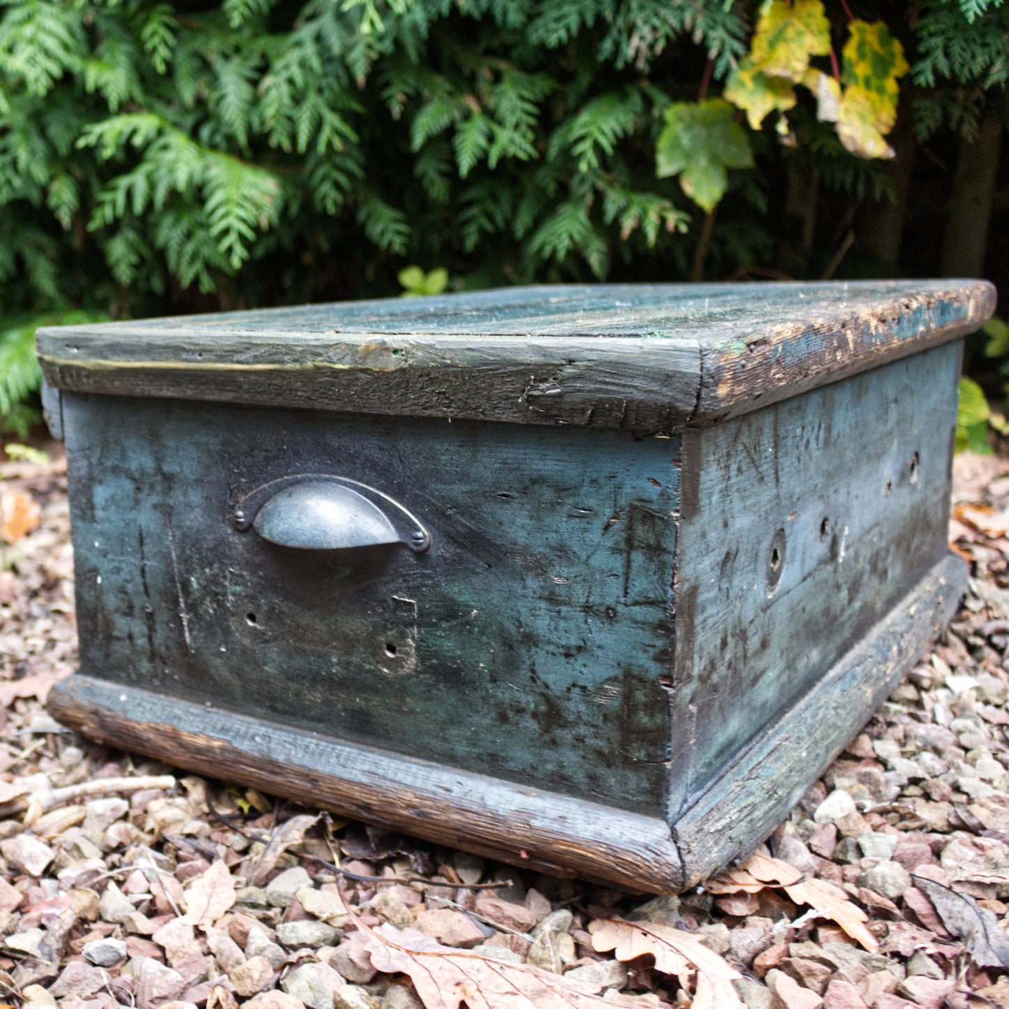 Antique Vintage Blue Painted Rustic Trunk