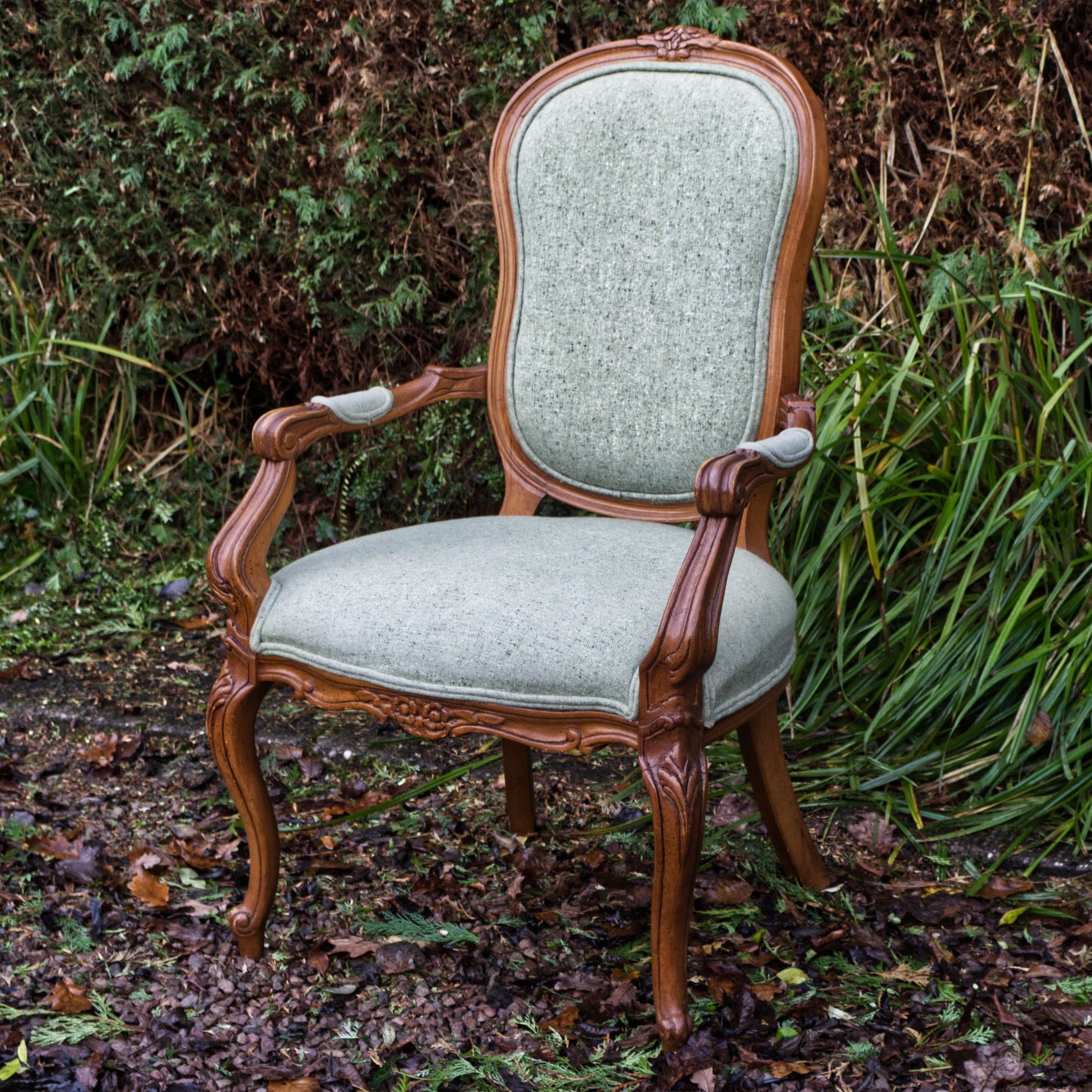 Vintage Louis XV French Style Open Armchair Carved Wood Yorkshire Tweed Fabric