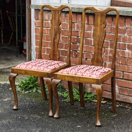 Antique Vintage Pair Of Queen Anne Solid Wood Dining Chairs