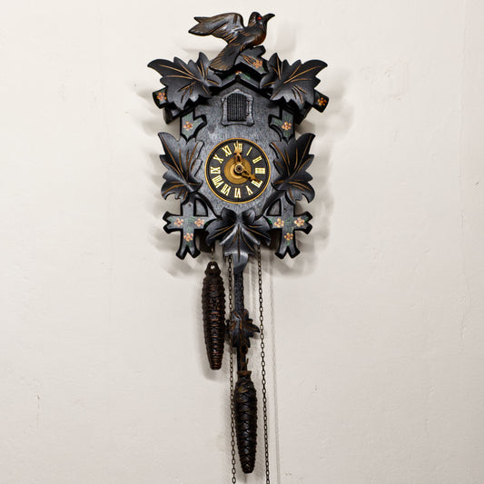 Vintage Black Forest Black Painted Mechanical Cuckoo Clock