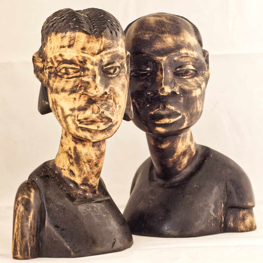 Vintage Pair Of Hand Carved Solid Wood African Head Busts