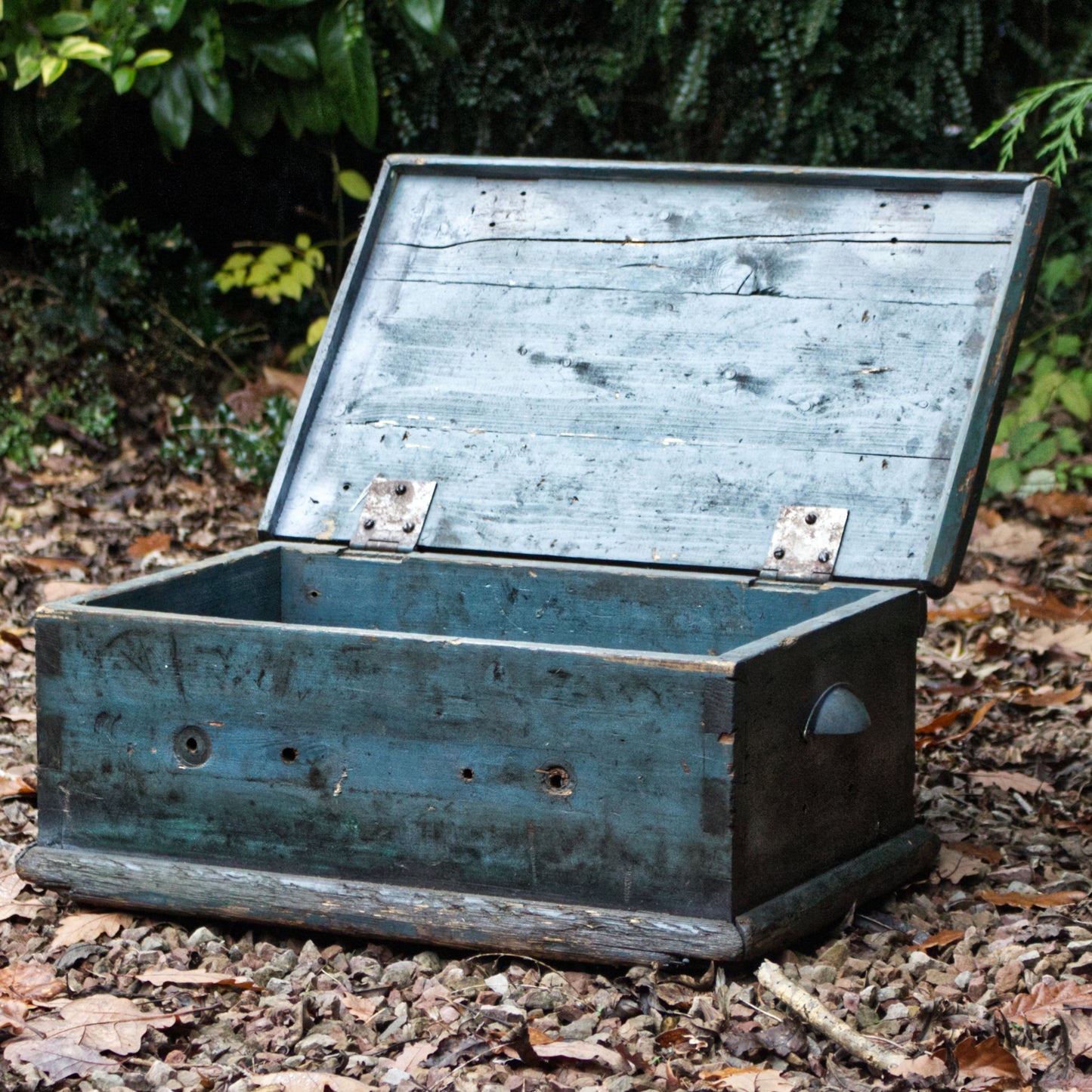 Antique Vintage Blue Painted Rustic Trunk