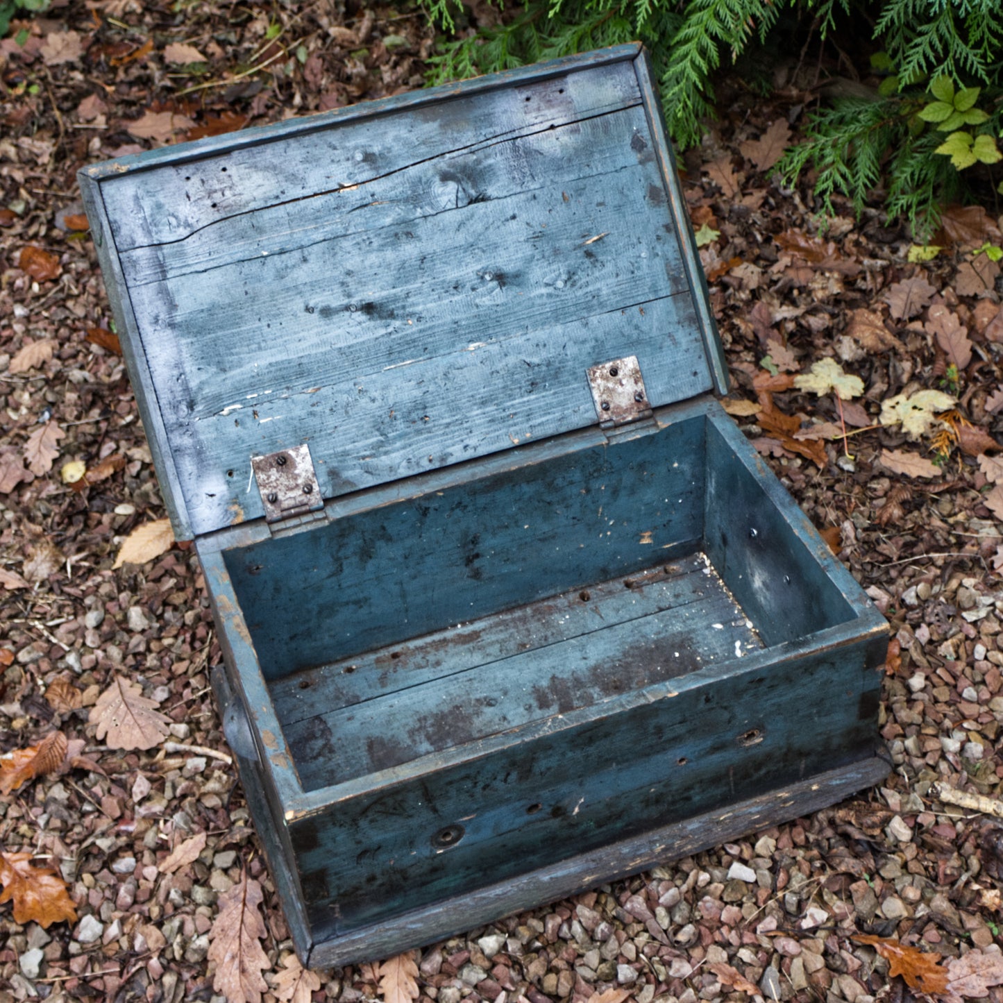 Antique Vintage Blue Painted Rustic Trunk