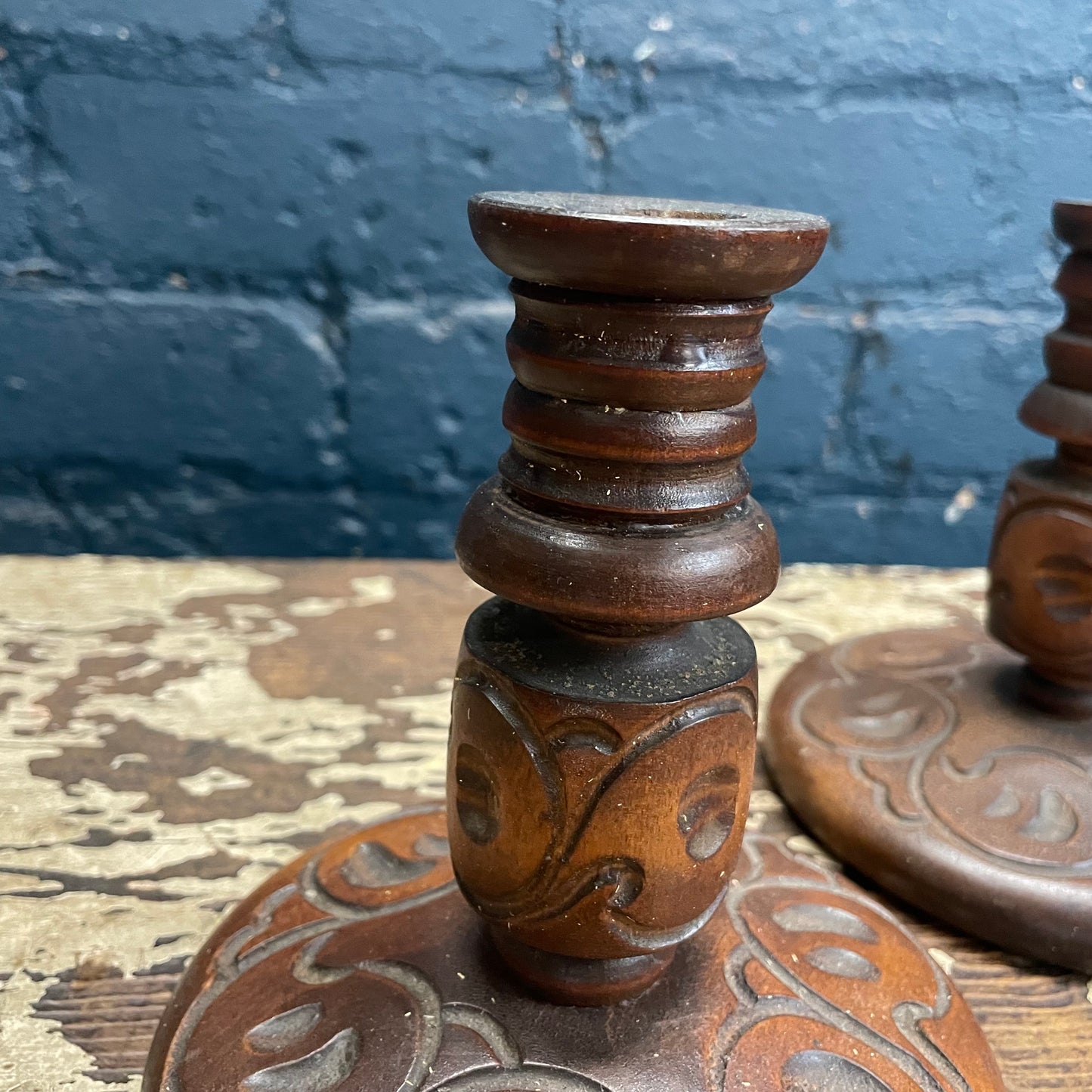 Vintage Pair Wood Turned & Carved Candle Stick Holders