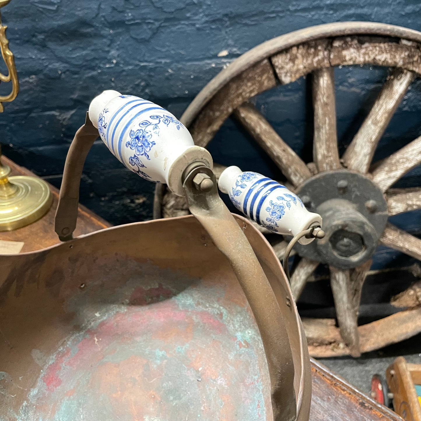 Antique Vintage Copper / Brass Lion Head Porcelain Handle Helmet Coal Scuttle