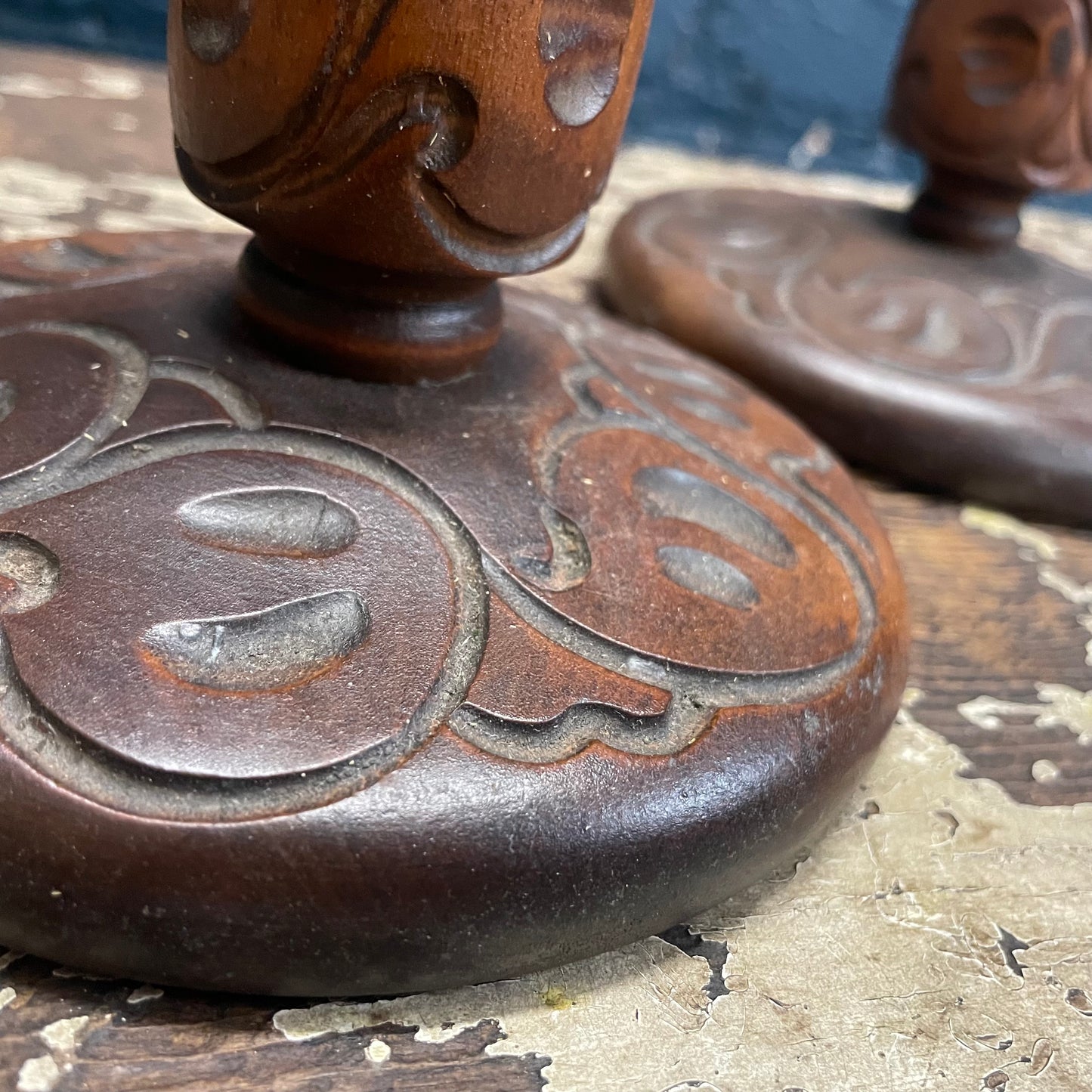 Vintage Pair Wood Turned & Carved Candle Stick Holders