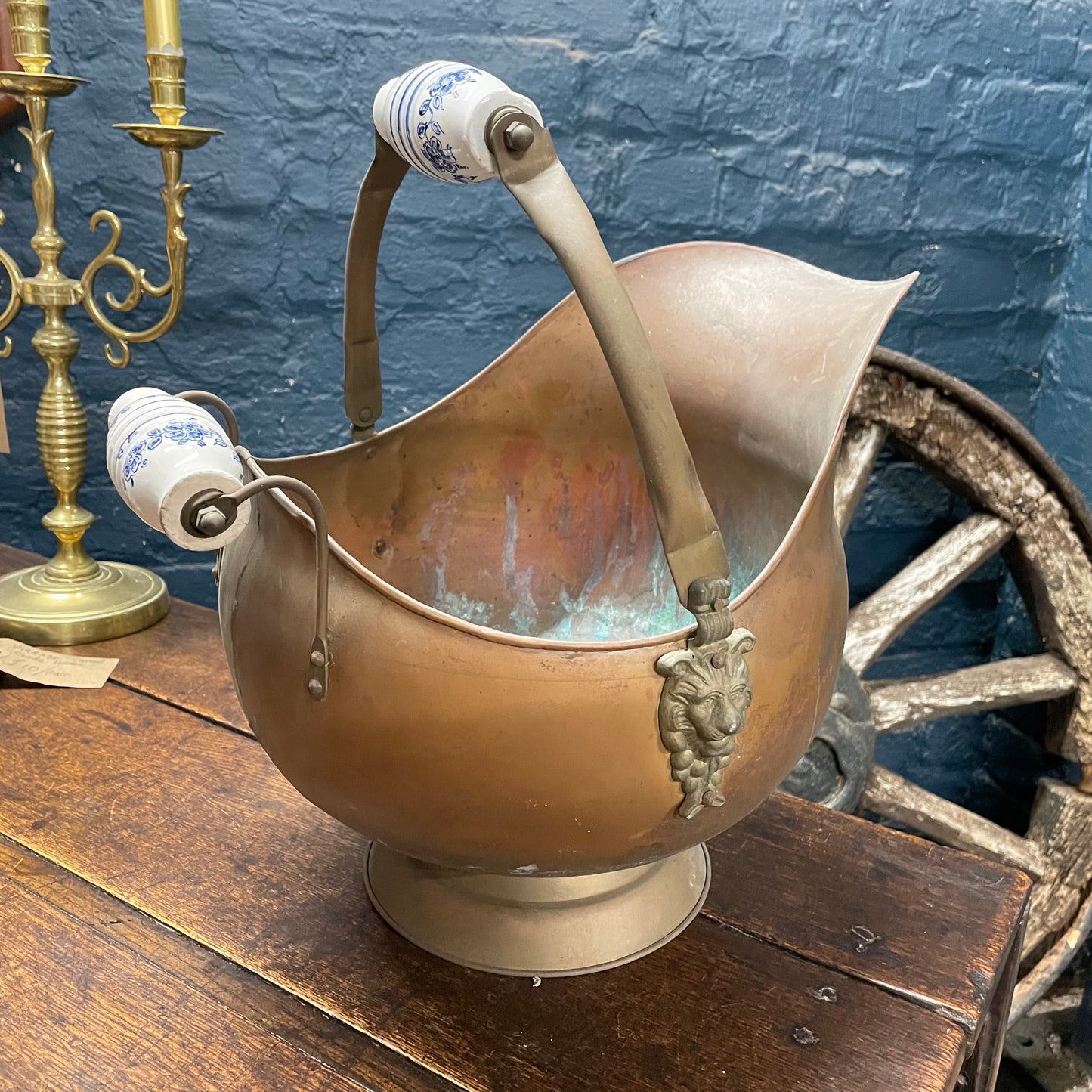 Antique Vintage Copper / Brass Lion Head Porcelain Handle Helmet Coal Scuttle