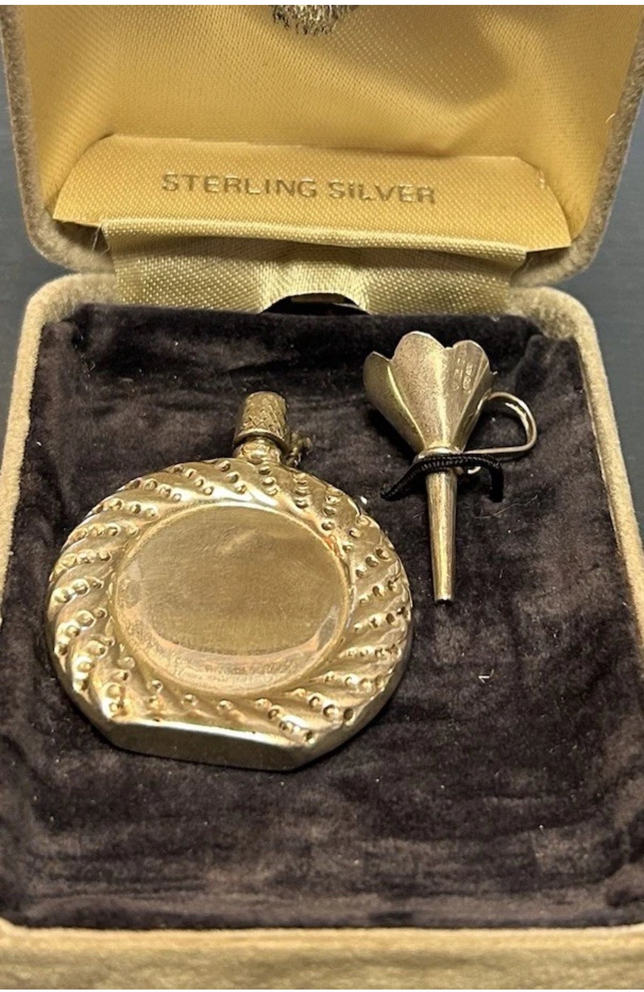 vintage silver perfume bottle and funnel