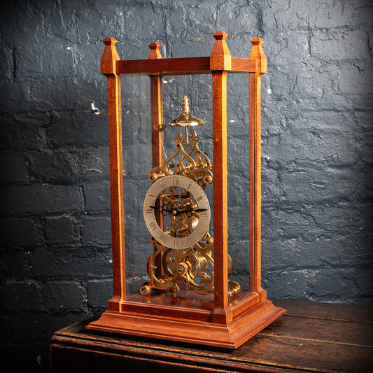 Vintage Mechanical Brass Fusee Skeleton Mantel Clock In Case