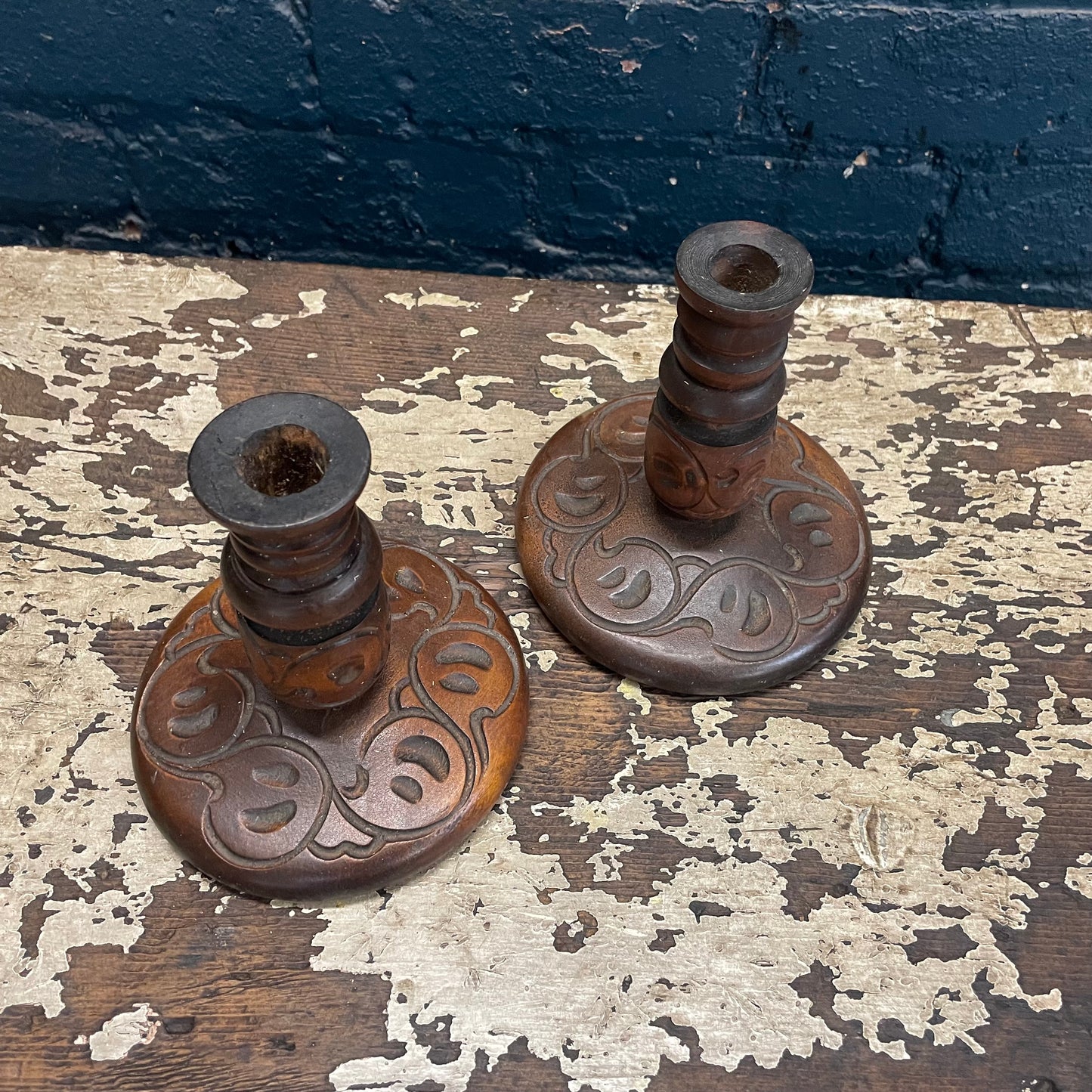 Vintage Pair Wood Turned & Carved Candle Stick Holders
