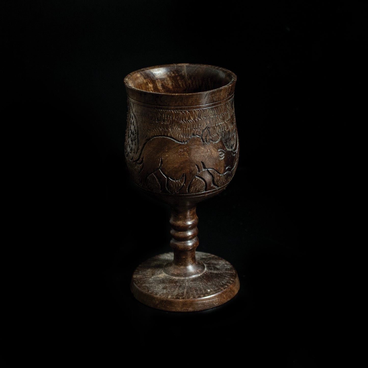 Vintage Handcarved Turned Solidwood African Elephant Rhino Goblet