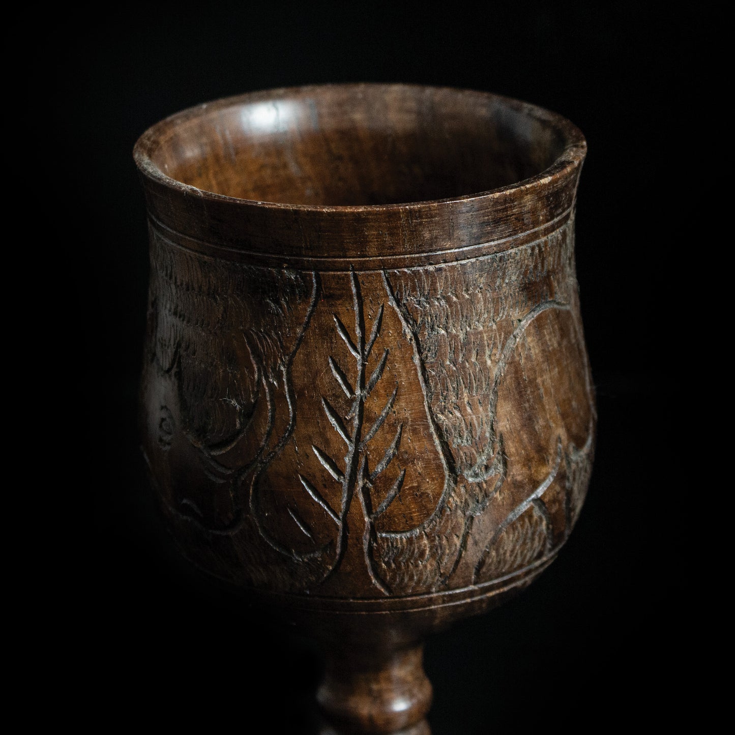Vintage Handcarved Turned Solidwood African Elephant Rhino Goblet