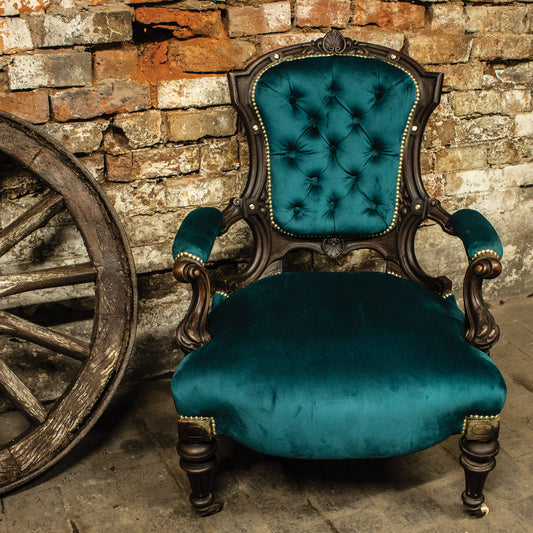 Antique Victorian Button Back Louis XV French Style Green Velvet Armchair