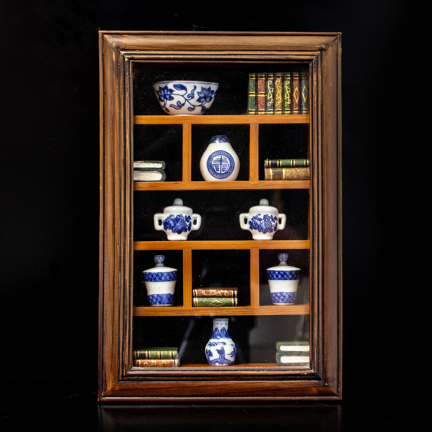 Vintage Oriental Shadow Box Frame Blue White China & Books