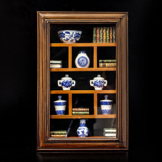 Vintage Oriental Shadow Box Frame Blue White China & Books