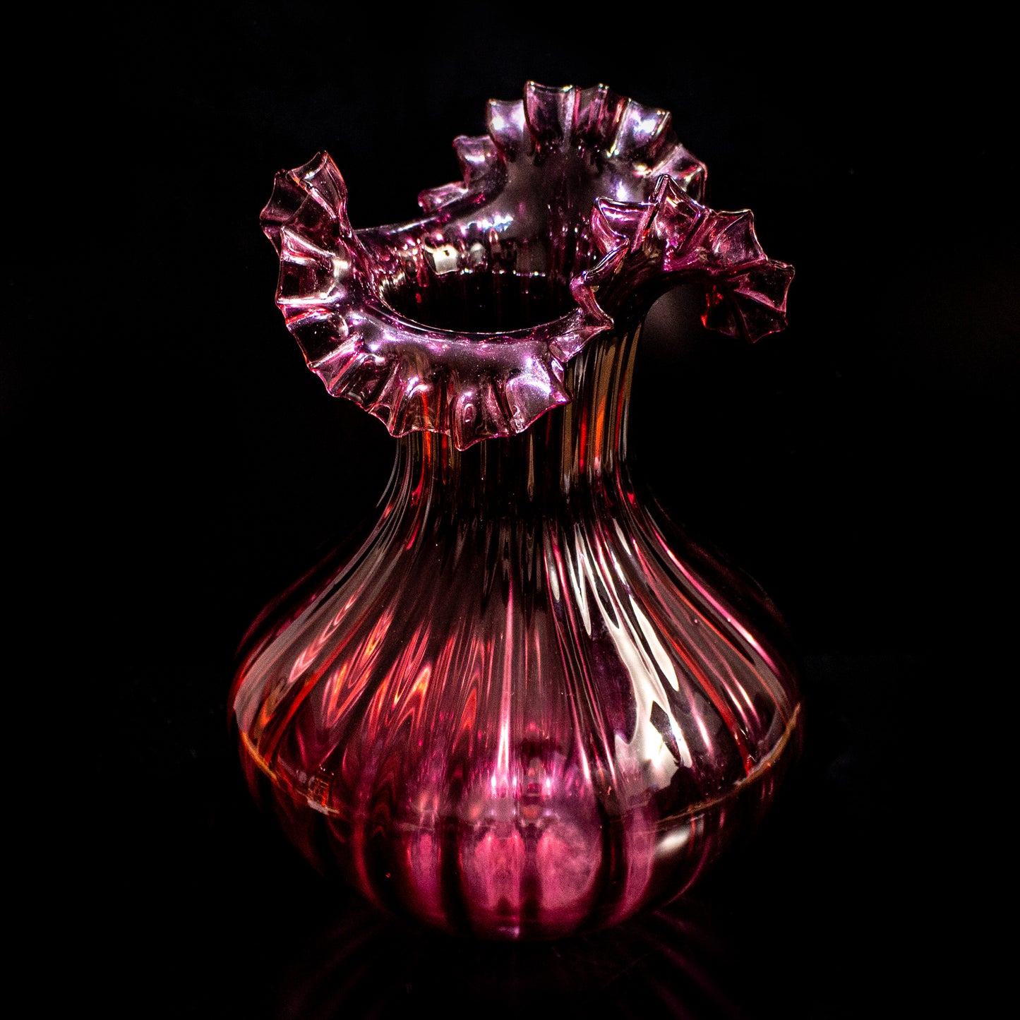 Vintage Cranberry Red Glass Handblown Fluted Vase