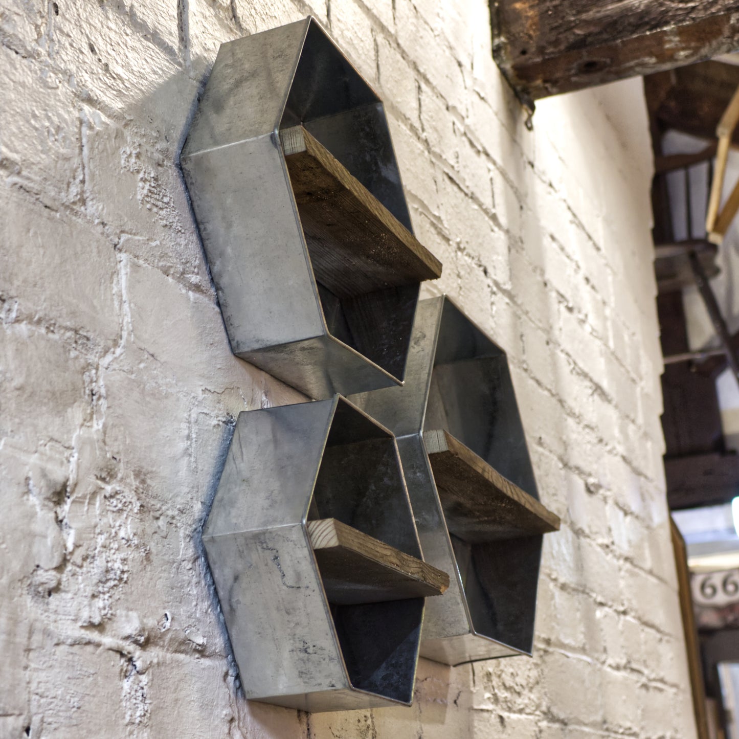 Handmade Rustic Wood & Galvanised Metal Hexagon Shelves Set Of 3