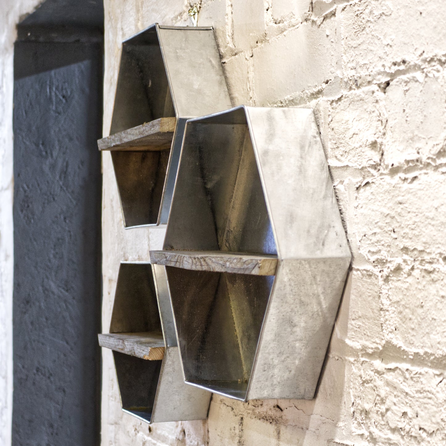 Handmade Rustic Wood & Galvanised Metal Hexagon Shelves Set Of 3