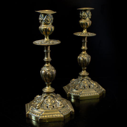 Antique Vintage Pair Of Brass Gothic Candlesticks