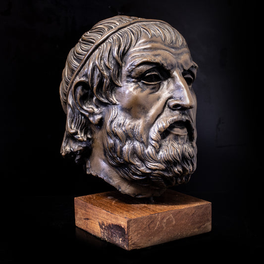 Greek Head Of Sophocles On Wooden Plinth Bronze Effect