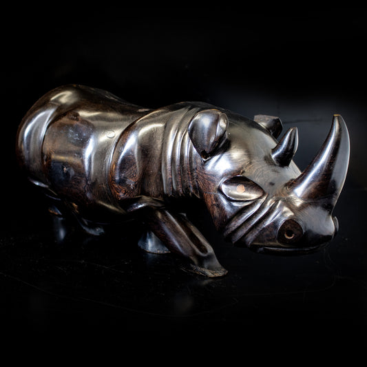 Vintage Large Heavy Wooden Carved Ebonised Rhino Ornament