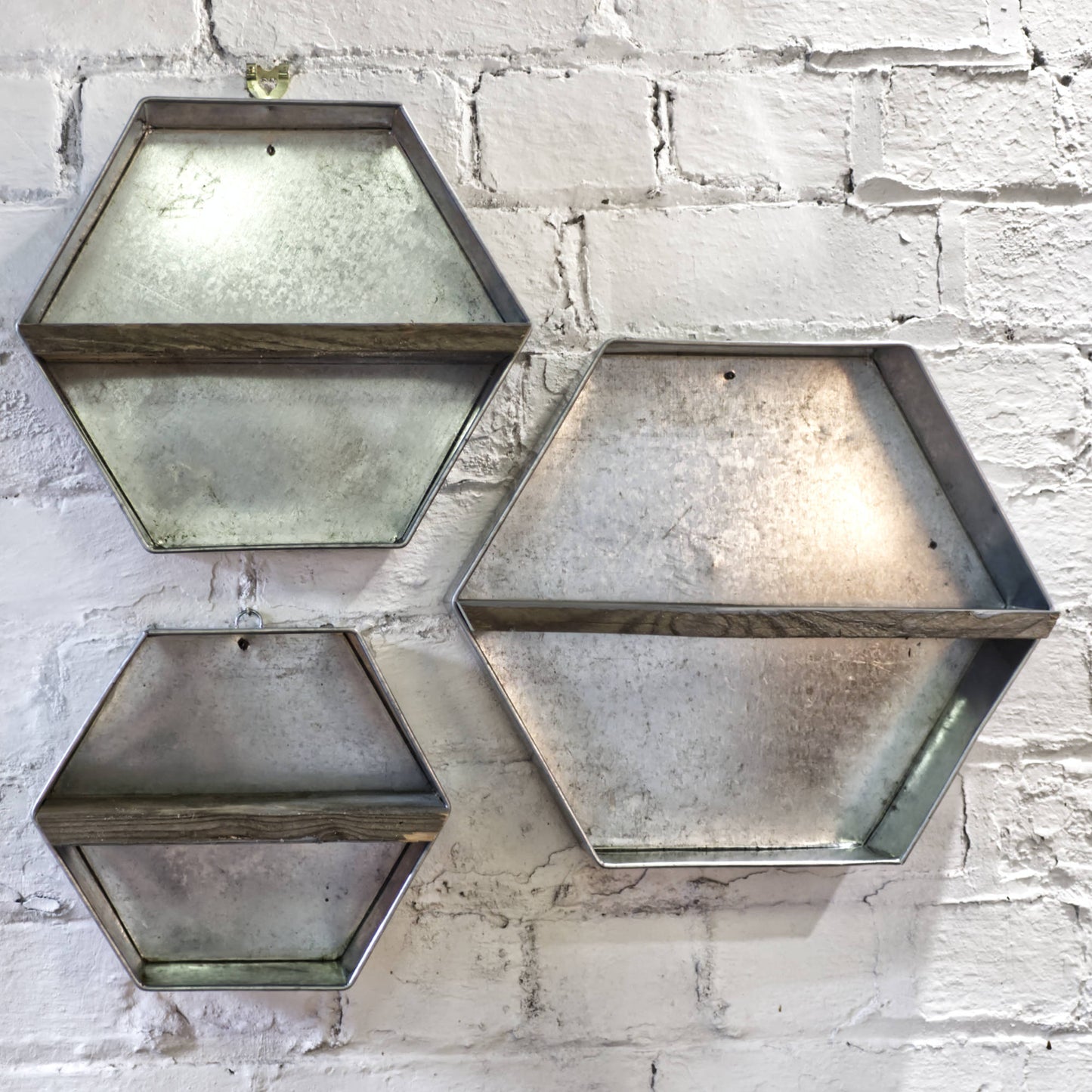 Handmade Rustic Wood & Galvanised Metal Hexagon Shelves Set Of 3