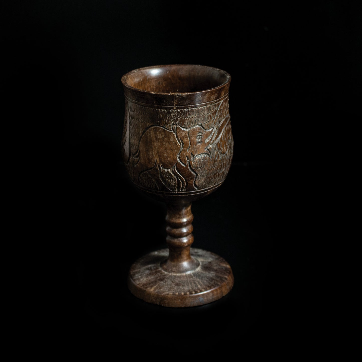 Vintage Handcarved Turned Solidwood African Elephant Rhino Goblet