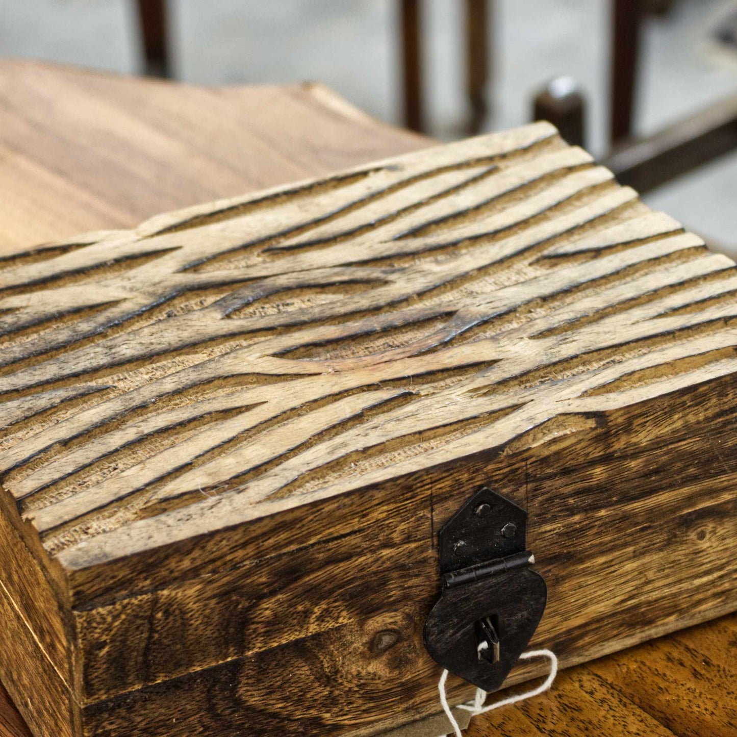 Rustic Hand Carved Stripe Design Small Wooden Trinket Box