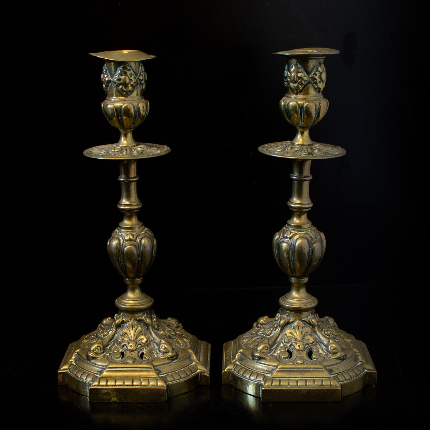 Antique Vintage Pair Of Brass Gothic Candlesticks