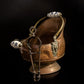 Antique Vintage Porcelain Handle Copper / Brass Coal Scuttle With Tongs