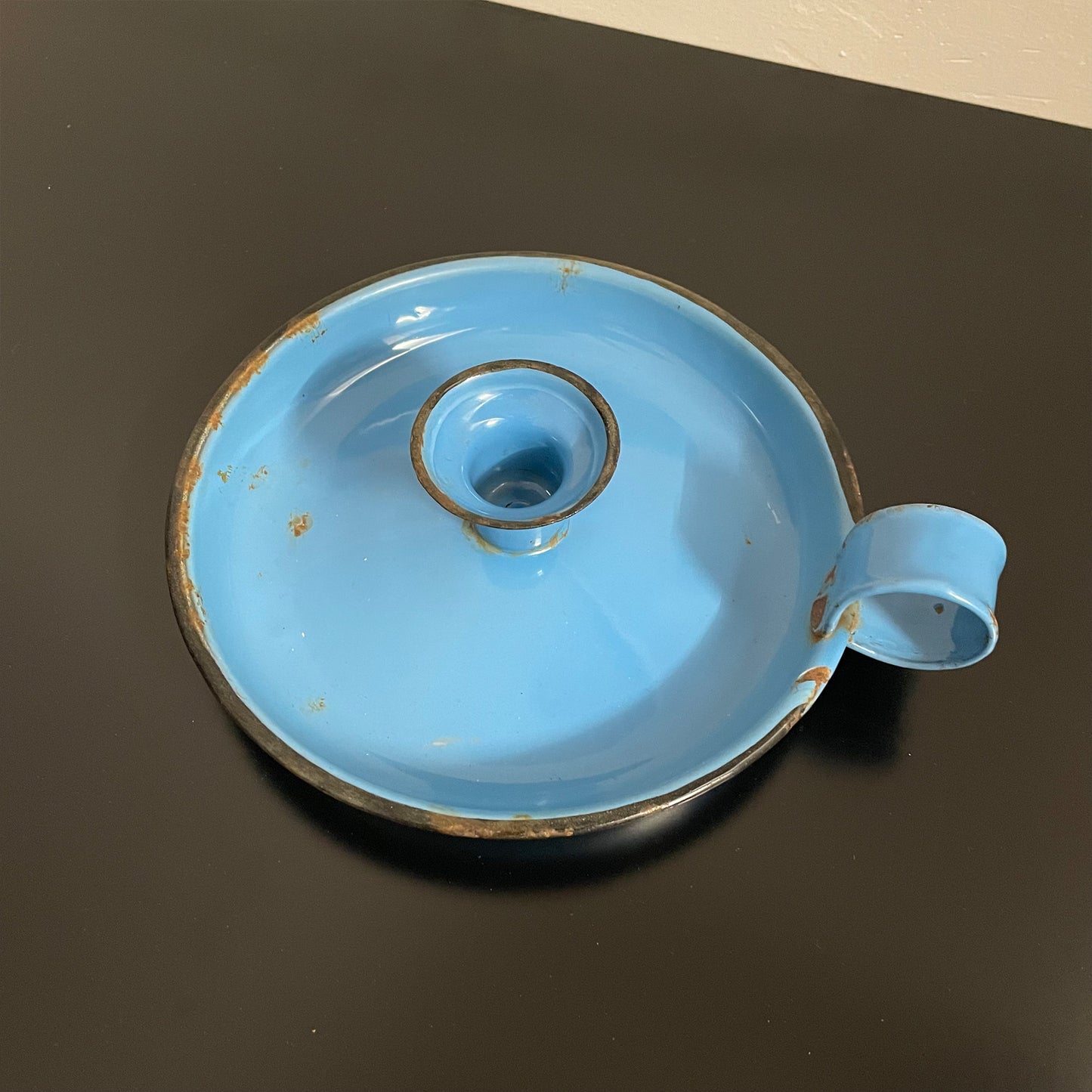 Vintage Rustic Blue Enamel Candle Stick Holder