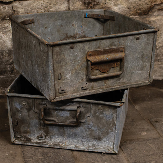 Vintage Pair Metal Galvanised Factory Part Bins Storage Boxes