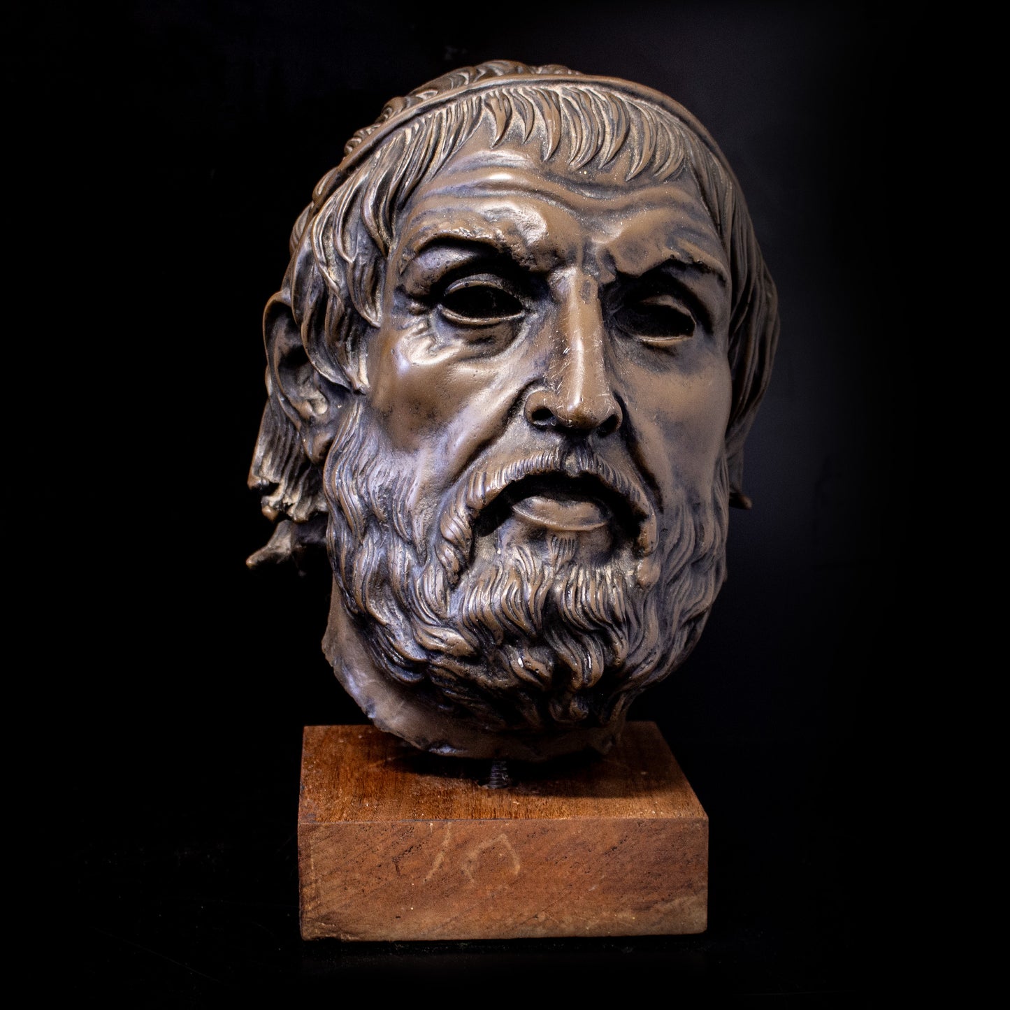 Greek Head Of Sophocles On Wooden Plinth Bronze Effect