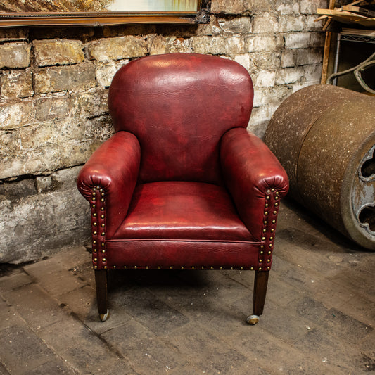 Antique Vintage Upholstered Childs Armchair On Castors