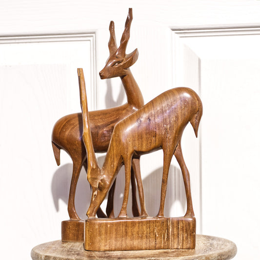 Vintage Mid-Century Pair Of Wooden Carved Antelopes