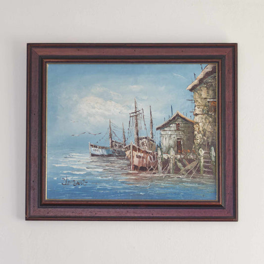 Vintage Original Signed Docked Boats Nautical Oil Painting