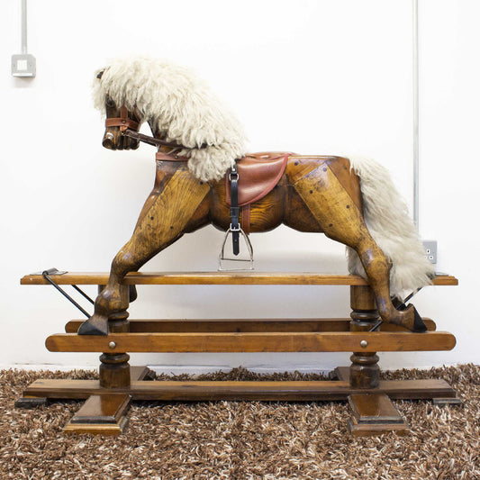 Antique Vintage Solid Wood Sheep Wool Rocking Horse